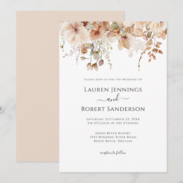 Invitación Boda floral rosa de Rubor neutro (Anverso / Reverso)