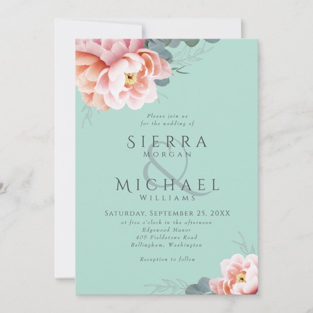 Invitación Boda floral rosa de Rubor verde de la Mint moderna (Anverso)