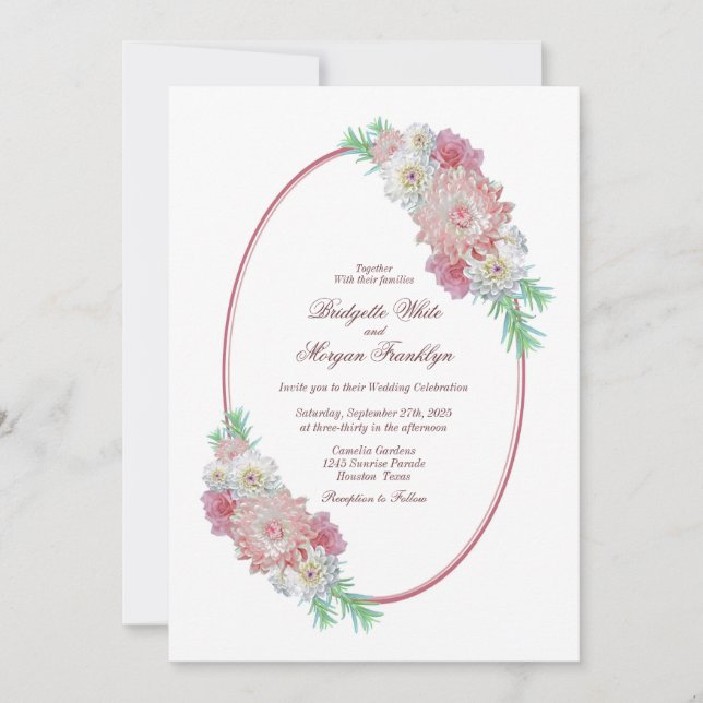 Invitación Boda Floral rosa del marco ovalado de la vendimia (Anverso)