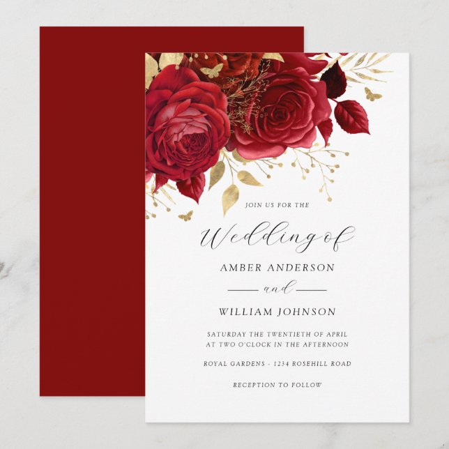 Invitación Boda Floral Rosa Dorada Roja   (Anverso / Reverso)