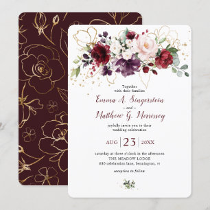Invitación Boda Floral Rosa Dorado Rústico Vino Borgoña