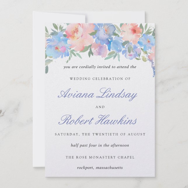 Invitación Boda floral rosa Dusty Blue Rubor (Anverso)