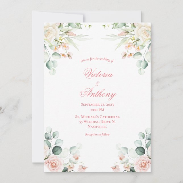 Invitación Boda Floral rosa elegante Boda de escritura rosa (Anverso)