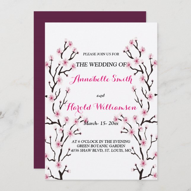 Invitación Boda floral rosa elegante con flores de cerezo (Anverso / Reverso)