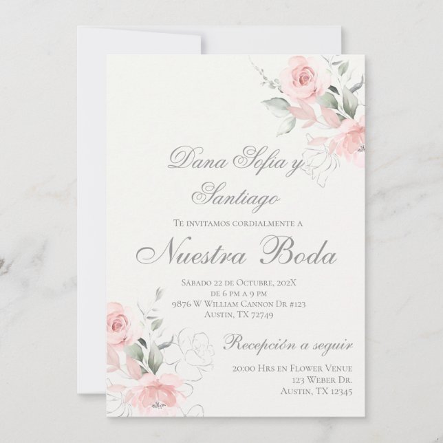Invitación Boda floral rosa español (Anverso)