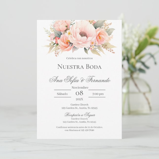 Invitación Boda floral rosa español (Anverso de pie)