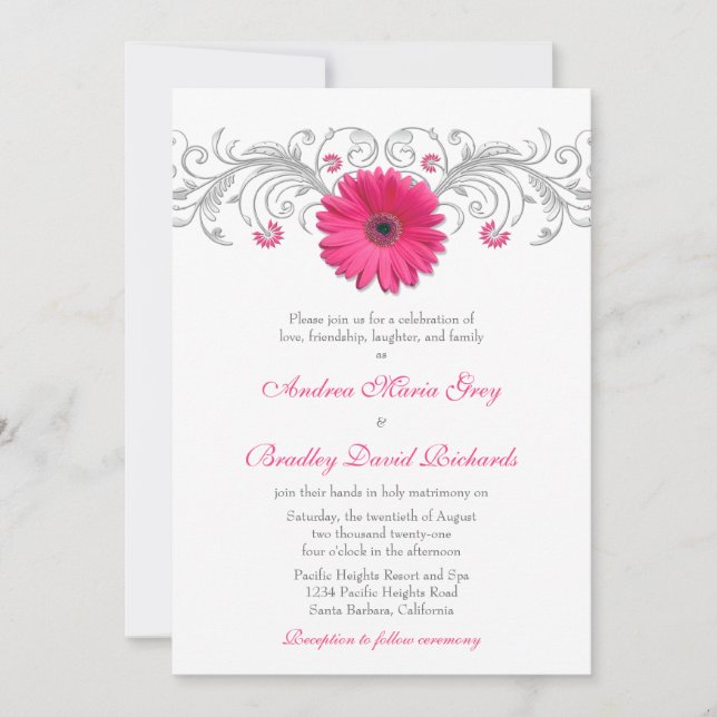 Invitación Boda floral rosa Gerbera Daisy Silver (Anverso)