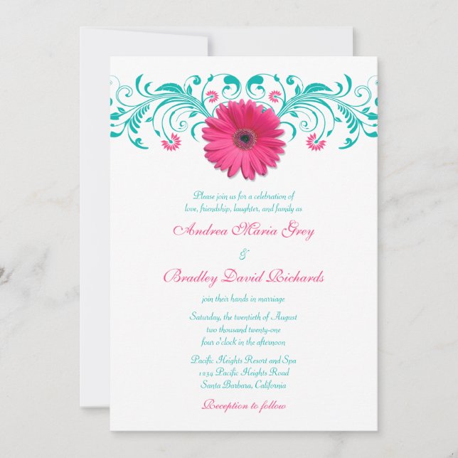 Invitación Boda floral rosa Gerbera Daisy Turquoise (Anverso)