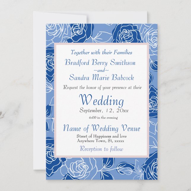 Invitación Boda Floral Rosa Gris Blanco Elegante Azul Polvo (Anverso)