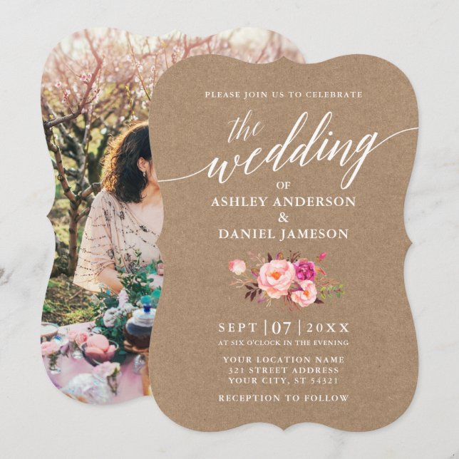Invitación Boda floral rosa Kraft (Anverso / Reverso)