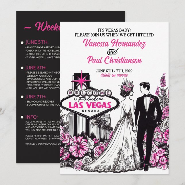 Invitación Boda Floral rosa Las Vegas (Anverso / Reverso)