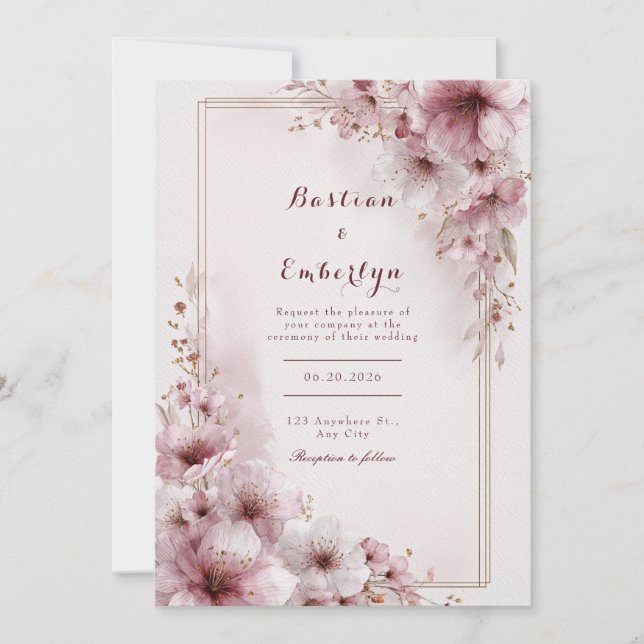Invitación Boda floral rosa magenta acuarela romántica (Anverso)