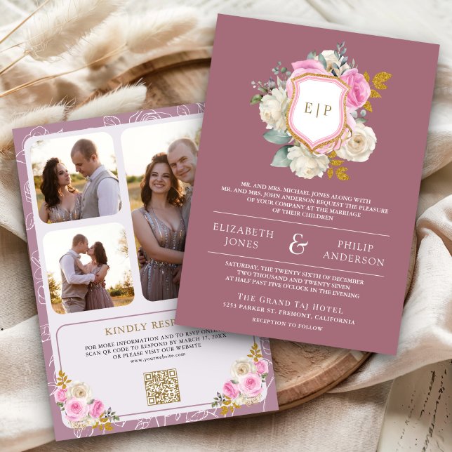 Invitación Boda Floral Rosa Malva Polvoriento Código QR Crest (Subido por el creador)