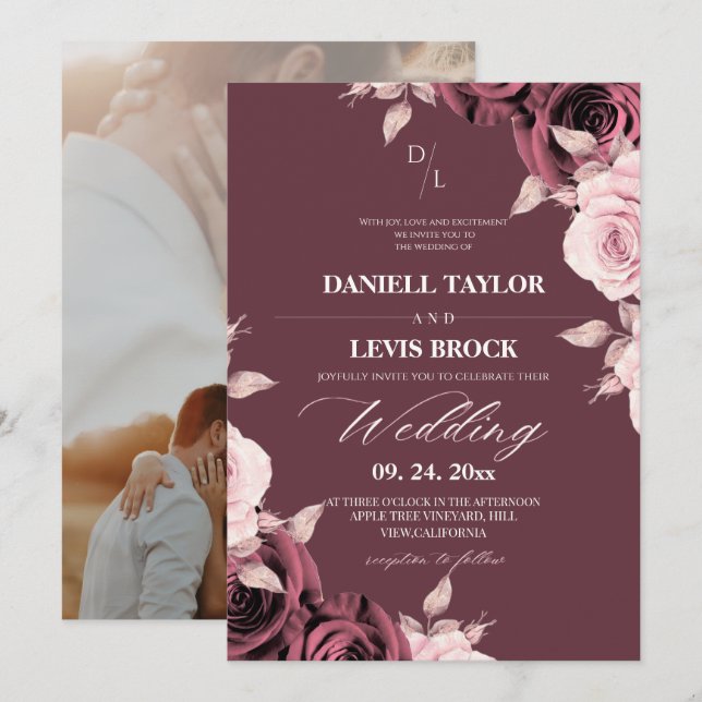 Invitación Boda floral rosa malva rubor  (Anverso / Reverso)