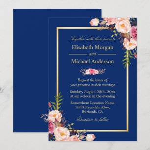 Invitación Boda floral rosa marco dorado azul marino