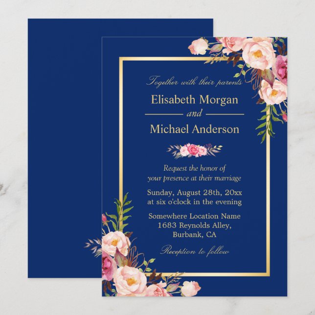 Invitación Boda floral rosa marco dorado azul marino (Anverso / Reverso)