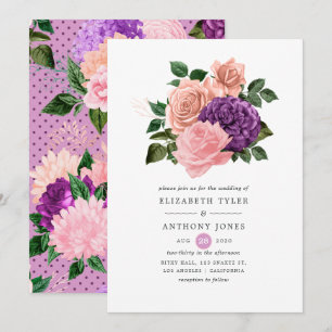 Invitación Boda floral rosa melocotón y lavanda púrpura