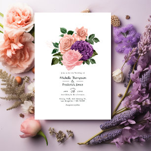 Invitación Boda floral rosa melocotón y lavanda púrpura