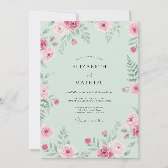 Invitación Boda floral rosa menta (Anverso)