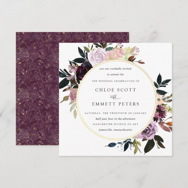 Invitación Boda floral rosa morado dorado (Anverso / Reverso)