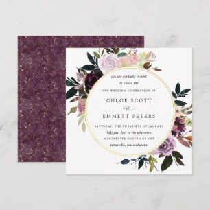 Invitación Boda floral rosa morado dorado