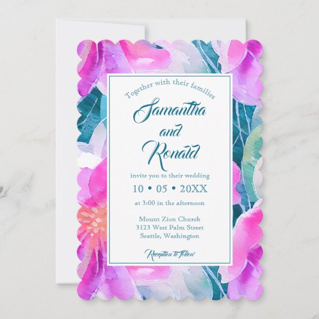 Invitación Boda floral rosa morado y acuarela Verde azulada (Anverso)