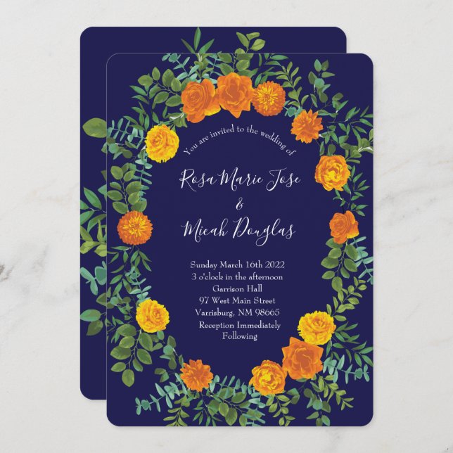 Invitación Boda floral Rosa naranja de la Marina Azul (Anverso / Reverso)