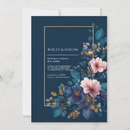 Invitación Boda floral rosa Navy malhumorado con hoja de oro 
