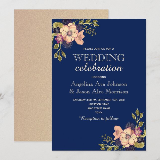 Invitación Boda Floral Rosa Oro Marino (Anverso / Reverso)