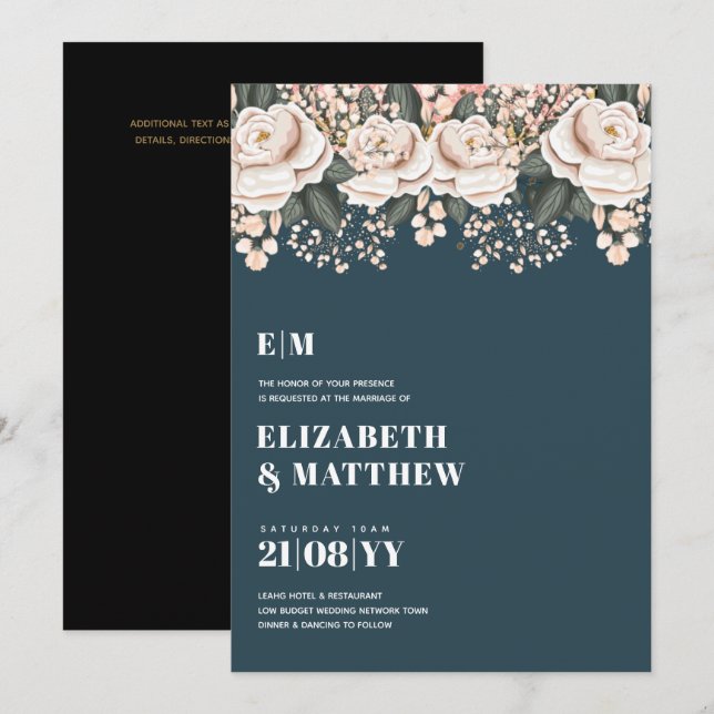 Invitación Boda floral rosa oscuro Verde azulado (Anverso / Reverso)