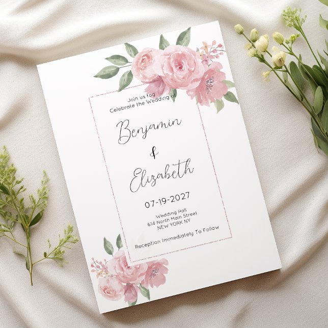 Invitación Boda floral rosa pastel de acuarela botánica (Watercolor botanicals pastel pink floral Wedding )
