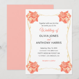Invitación Boda floral rosa pastel rústica geométrica dorada