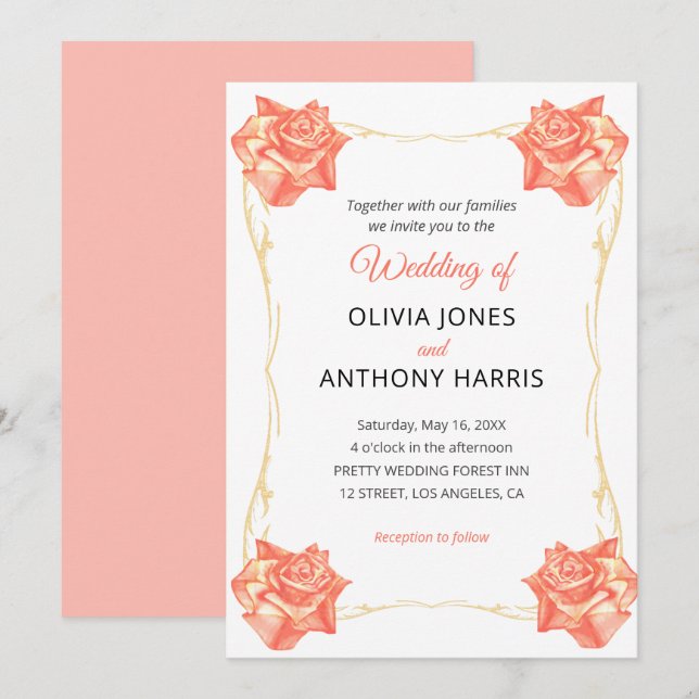 Invitación Boda floral rosa pastel rústica geométrica dorada (Anverso / Reverso)