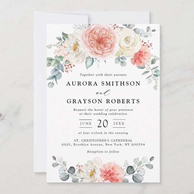 Invitación Boda Floral Rosa Peach Pastel de verano medio (Anverso)
