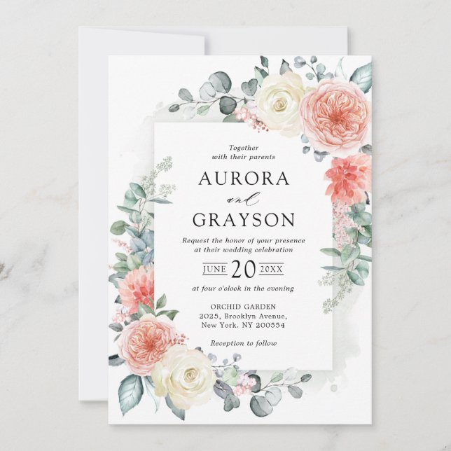Invitación Boda Floral Rosa Peach Pastel de verano medio (Anverso)