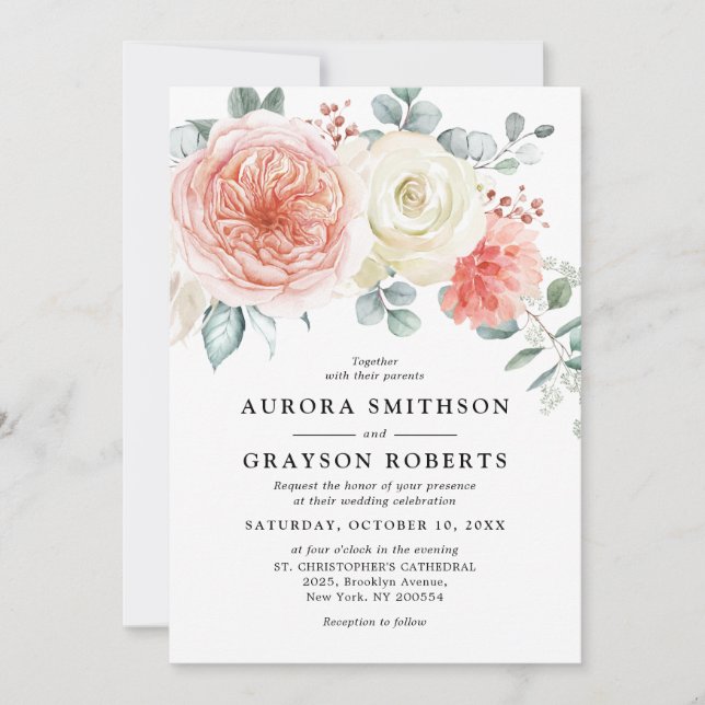 Invitación Boda Floral Rosa Peach Pastel de verano medio (Anverso)