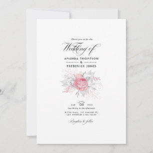 Invitación Boda floral rosa, plateado y blanco
