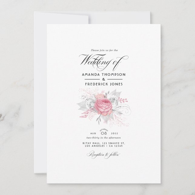 Invitación Boda floral rosa, plateado y blanco (Anverso)