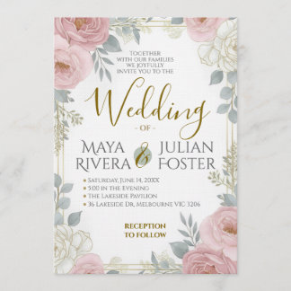Invitación Boda Floral Rosa Polvo Azul Script Dorado