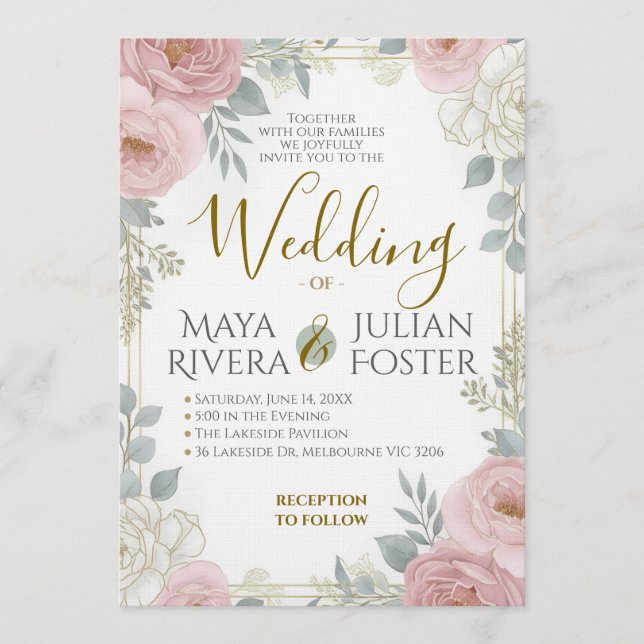 Invitación Boda Floral Rosa Polvo Azul Script Dorado (Anverso)