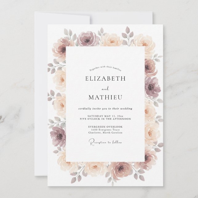 Invitación Boda Floral Rosa Polvo Malva (Anverso)