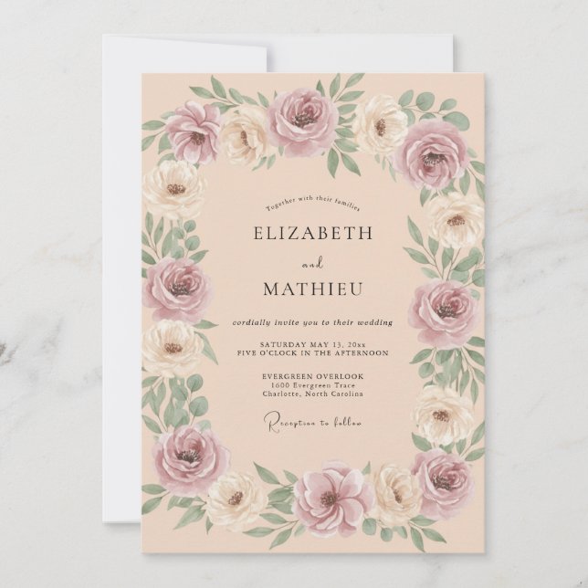 Invitación Boda Floral Rosa Polvo Rubor (Anverso)