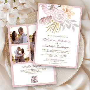 Invitación Boda Floral Rosa Polvo Rústico Código QR