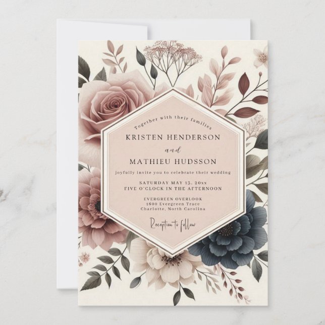 Invitación Boda floral rosa polvorienta (Anverso)