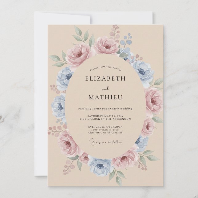 Invitación Boda Floral Rosa Polvorienta Azul Pálido (Anverso)