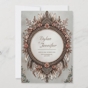 Invitación Boda Floral Rosa Polvorienta Marrón Rústico Pluma