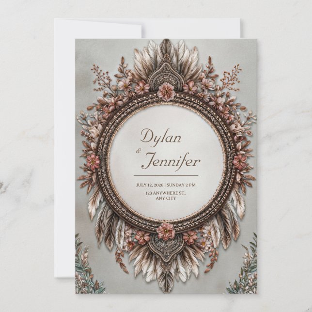 Invitación Boda Floral Rosa Polvorienta Marrón Rústico Pluma (Anverso)