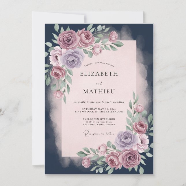 Invitación Boda floral rosa polvoriento (Anverso)
