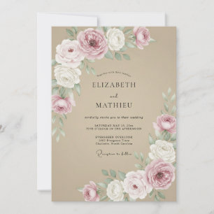 Invitación Boda Floral Rosa Polvoriento Grisáceo