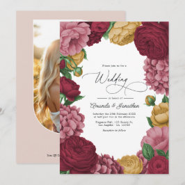 Invitación Boda floral Rosa Polvoriento, Merlot y Dorado Anti
